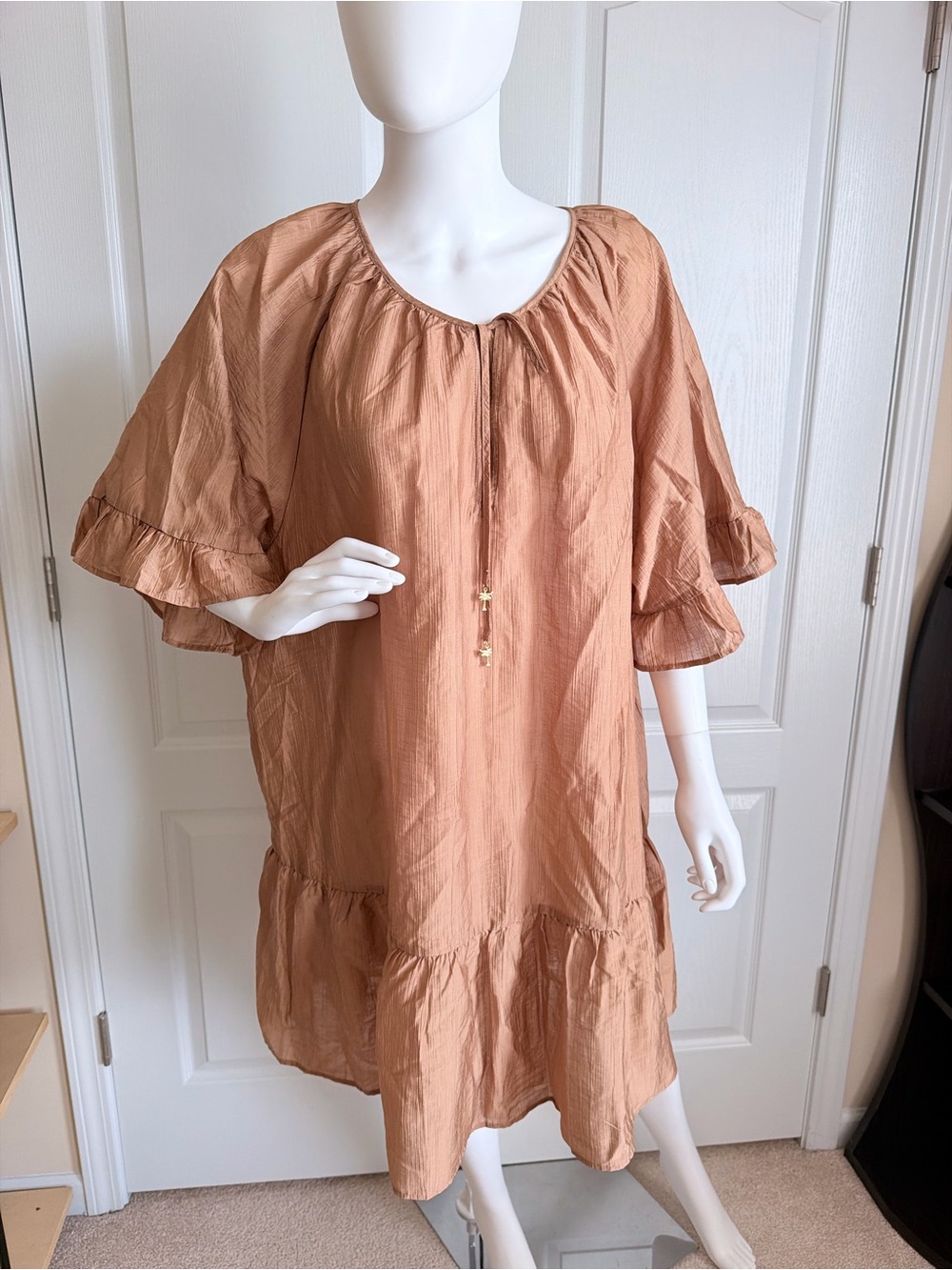 H&M Rust Brown Ruffle Sleeve Tie-Detail Tunic Mini Dress Size XL